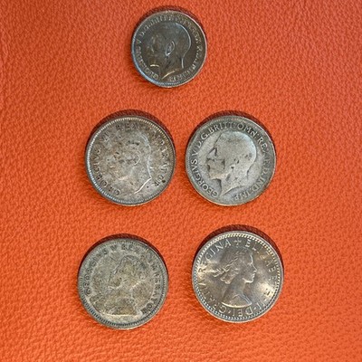 Lot 5 Great Britain Threepence Coins 1906 1913 1917 1920 1954 Silver Edward VII