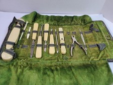 Antique Celluloid Manicure Set Vintage Grooming Vanity Kit Green Velvet Roll