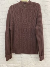 L.L.BEAN LADY'S COTTON CABLE KNIT SWEATER/PULLOVER large BEIGE/BERRY 1/4 ZIP