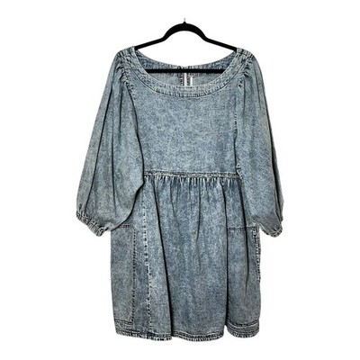 Free People Acid Wash Denim Babydoll Mini Dress Blue Balloon Sleeve Large