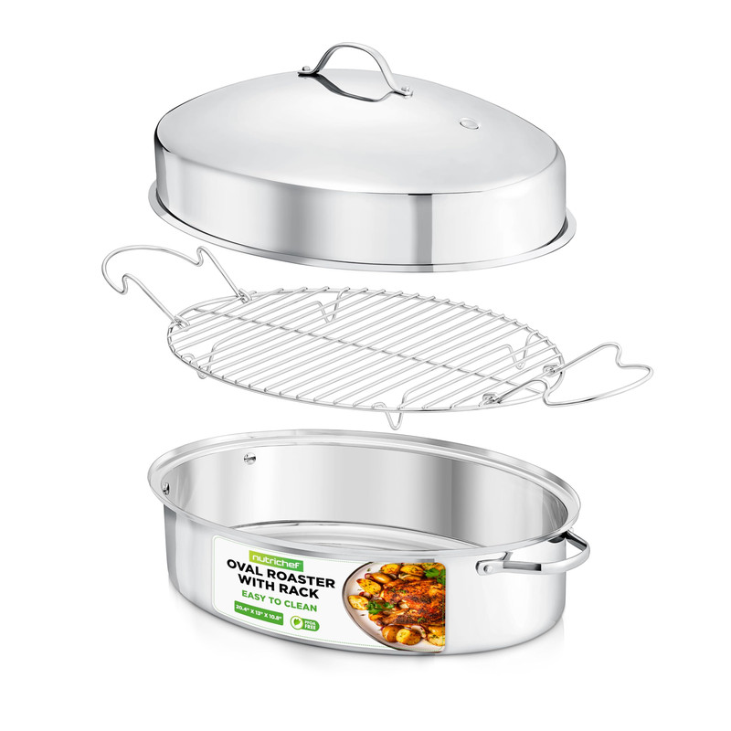 Nutrichef 20 Oval Roasting Pan Rack And Lid - Premium Stainless Steel Roaster