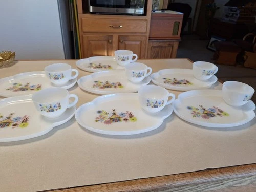 Vintage Federal Milk Glass Snack Plate Cup Set "Chalet" 1950s 7 Place Settings