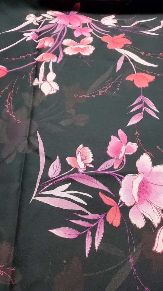 Pink Flowers on black polyester chiffon Fabric 2.75  yds X 56" - Image 2 of 4