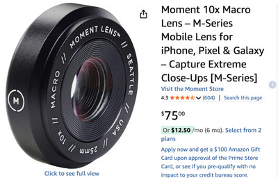 Moment M-Series Macro Lens 25mm 10x for Mobile Phones -plus added lens and mount