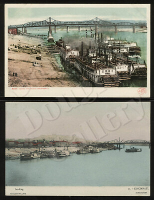 Cincinnati OH: Two c.1904-07 Postcards ALONG THE LEVEE, LANDING Paddlewheel Ship