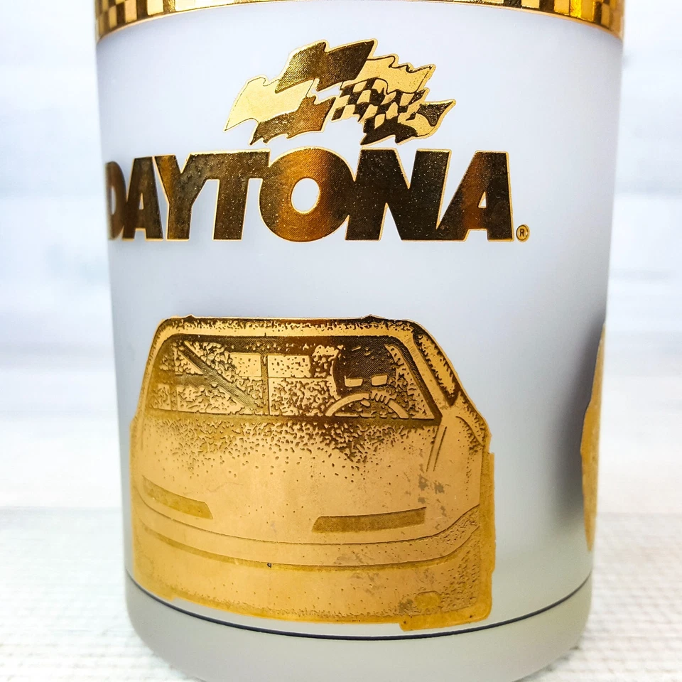 Vintage Daytona Raceway Frosted Rocks Glass w 22k Gold Kapan Kent Bar Man Cave - Image 2 of 4