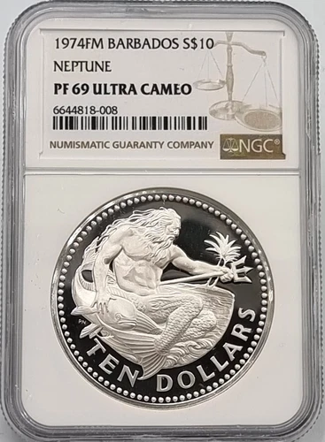 BARBADOS 19774 PROOF SILVER .925 COIN 10 DOLLARS NGC PF69 UCA POP 1