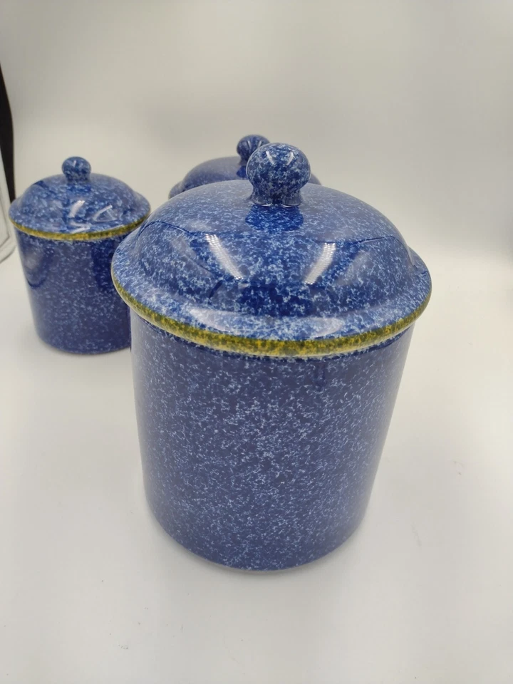 Set Of 3 Over And Back Inc Blue Cobalt Speckled Ceramic Canisters W Lid Portugal - Image 2 of 4