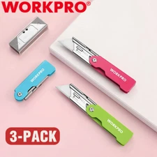 WORKPRO 3PC Compact Folding Utility Knife Box Cutter Clip Pocket Knife 10 Blades