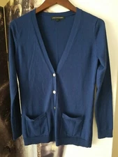 LADY HATHAWAY Women's V Neck Button Down Wool Blend Cardigan Sweater sz S BLUE