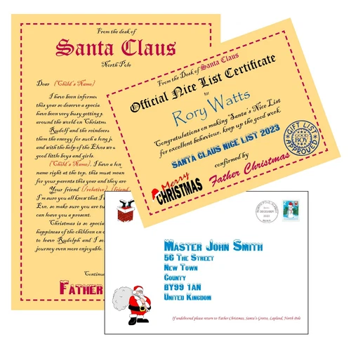 Personalised Letter from Santa  / Father Christmas + Envelope & Certificate V5