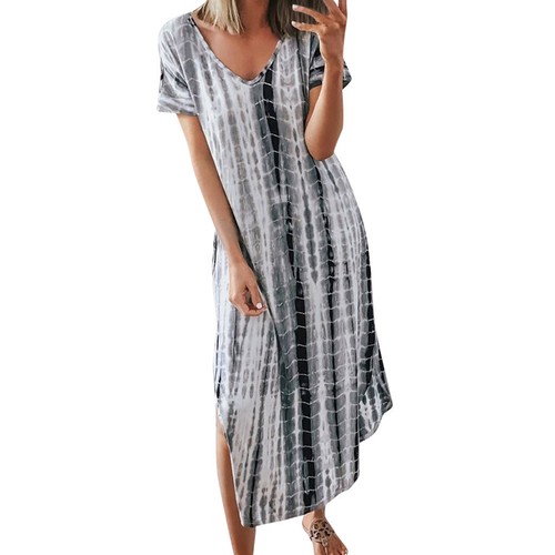 S-5XL Printed Tie-Dye V-neck Irregular Dress Short Sleeve Plus Size Loose Slit - Picture 9 of 12