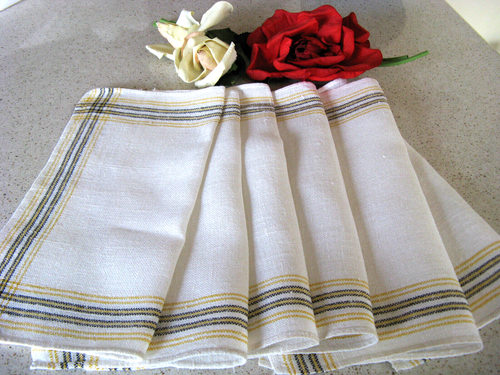 Vintage Set of 4 Linen Luncheon Napkins Yellow/Black Stripped Borders - Picture 2 of 4