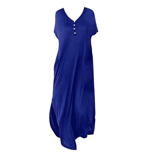 Women's Fashion Button V Neck Long Dress Short Sleeve Split Loose Ankle Dress - Picture 2 of 18