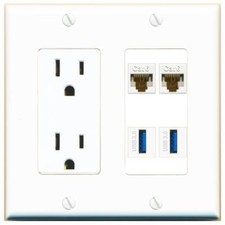 2 CAT6 2 USB-3 Port Wall Plate w/Power Outlet White