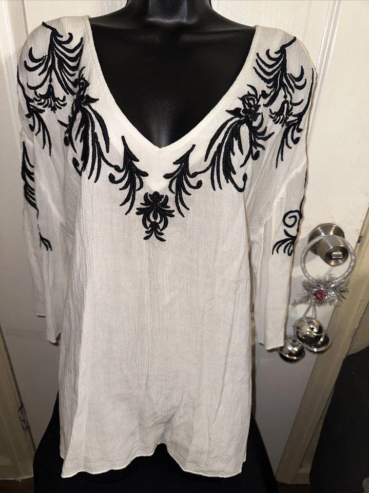 Top pulóver con bisagra blanco/negro talla 1 manga larga transparente cuello en V largo para mujer Foto 2 de 4