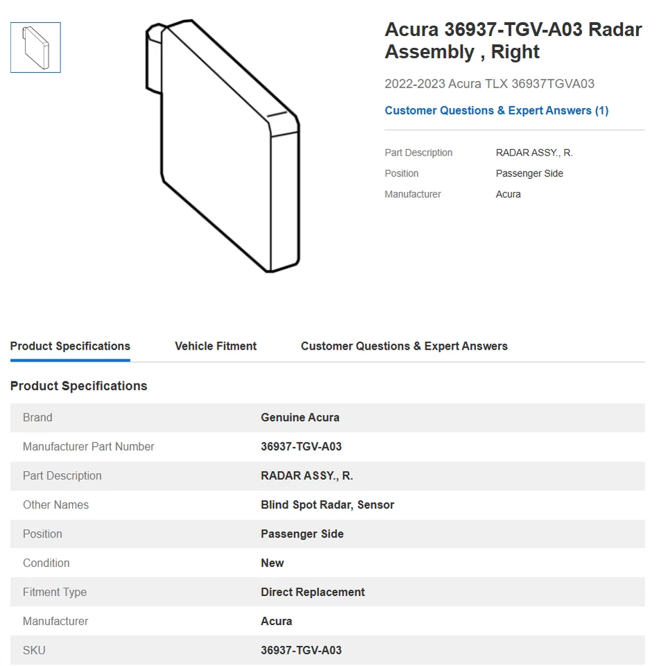Acura TLX Blind spot radar 2022 2023 Type S AWD - Imagen 2 de 3