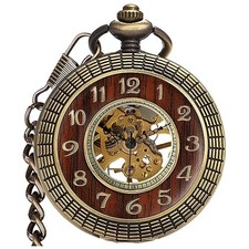 Men's Hand-Wind Mechanical Pocket Watch Vintage Steampunk Wood Bronze Arabic