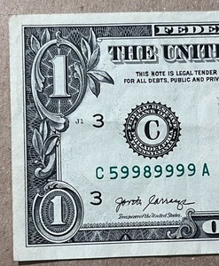 2017A $1.00 One Dollar Bill Trinary s/n C59989999A High 9 Odometer 6 of a kind