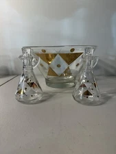 Vintage 1950‘s Gay Fad ‘Moon’ Pattern Salad Bowl Atomic  Gold MCM W/Cruet Set
