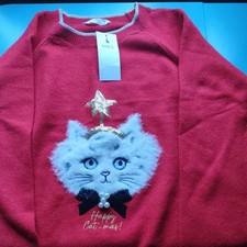 M&S Red Soft Christmas Happy Cat-Mas  Embroidered Jumper sequins 12-13yrs BNWT