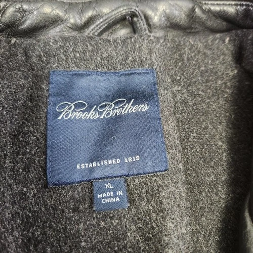 Brooks Brothers Leather Jacket Men XL Black Bomber Wool Blanket Lined Heavy image 3