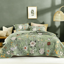 Floral Green Quilt Queen Size - 3 Pieces Sage Botanical Birds Pattern Quilt Bedd