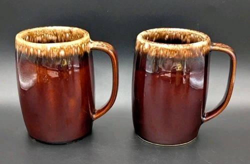 Hull Ovenproof Brown Drip Large Mugs 5" Pair of 2 Made in USA