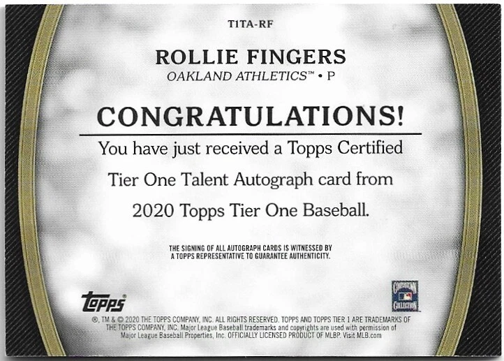 2020 Topps Tier One ROLLIE FINGERS Auto /299 - Image 2 of 2
