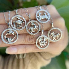 Zodiac Signs Symbols CZ Charm Pendant Necklace 925 Sterling Silver Astrology