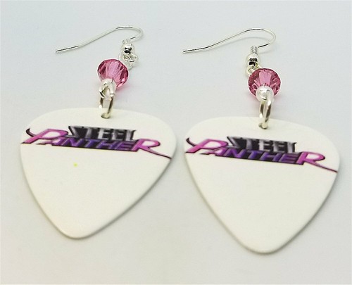 Steel Panther White Guitar Pick Earrings with Pink Swarovski Crystals - Picture 3 of 4