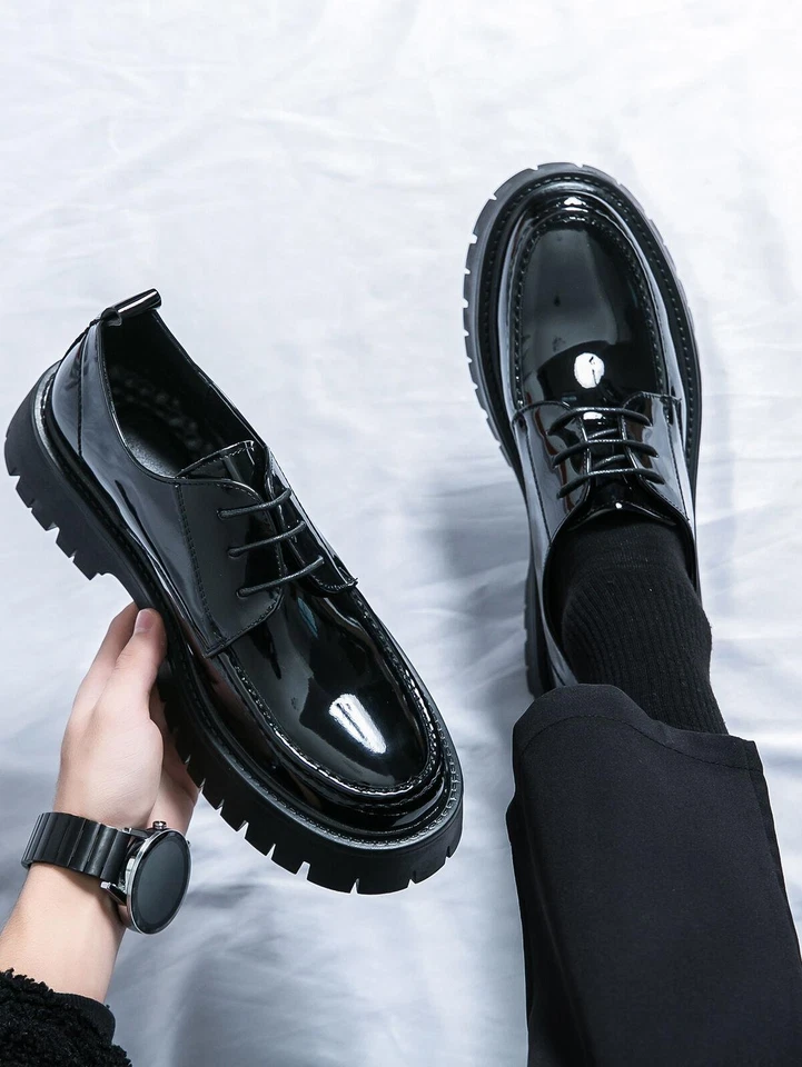 Zapatos informales brillantes con cordones de negocios formales punta redonda mocasines zapatos de salón de boda para hombre Foto 3 de 4