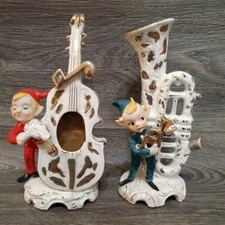 (2) Vintage Lipper & Mann Pixie Musical Elves Violin Bass Horn JAPAN 1956 MCM