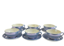 Blue Lusterware 6 Tea Cups and Saucers Japan Vtg Hand Painted Elite READ
