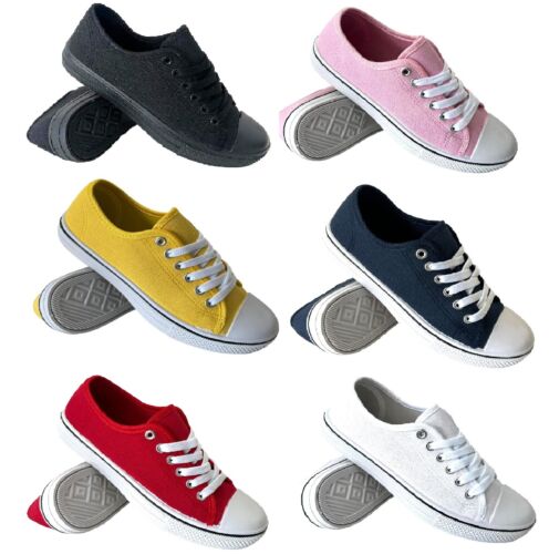 LADIES FLAT WOMENS LACE UP PLIMSOLLS CANVAS SUMMER PUMPS SHOES TRAINERS SIZE 3-8 - Picture 1 of 25
