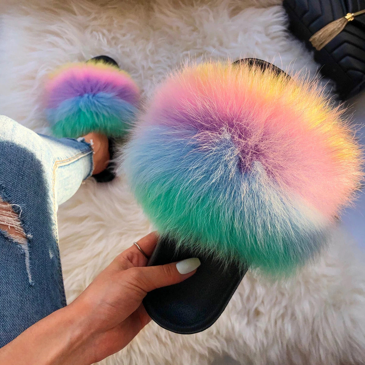 Pink & Green Fox Fur Slippers