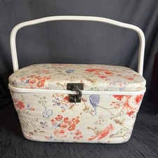 Vintage Style Cream and Blue Birds Flowers Padded Sewing Box W/ Plastic Tray