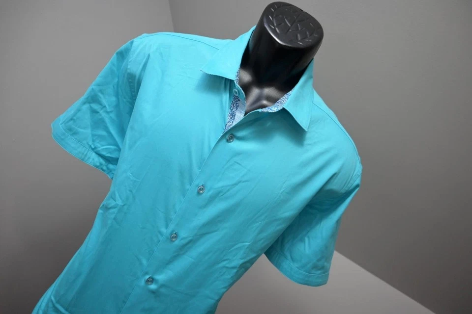 Robert Graham Dress Shirt Blue Stretch Short Sleeve Button Up Mens Size XL - Image 4 of 4