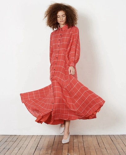 Mara Hoffman LILIANA Dress - Red/Whit ADA Grid Linen Tencel Blend Maxi Sz 4