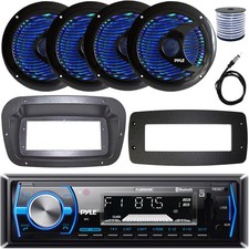 Pyle Single-DIN Marine Receiver W/Kit  Adapter Plate, 4x 6.5'' RGB LED Speakers