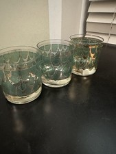 Vintage 1960s Green & Gold Rocks Glasses – Mid Century Barware – Set of 3