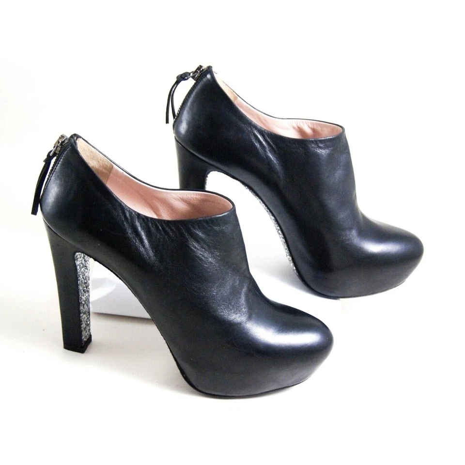 Miu Botas de Plataforma 38.5US 8.5 Mujer Cuero Negro Purpurina Tacón Botines - Imagen 3 de 4