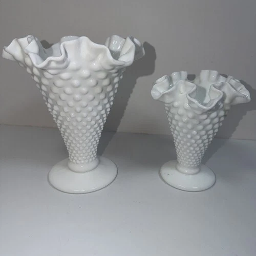 Vintage Fenton White Milk Glass Hobnail Vase Ruffled Edge 8” & 6” Tall