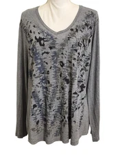 JMS JUST MY SIZE Gray Abstract V Neck Long Sleeve Tee Women’s Size 2X / 18W 20W