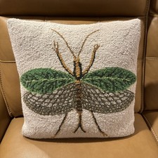 Grandinroad Needlepoint Insect Design Pillow, Cover-Green Gold Brown, 18 x 18 