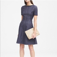 Banana Republic Blue Chambray Denim Dress Short Sleeve Fringe A Line Preppy