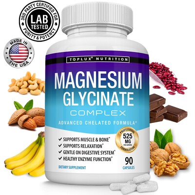 Magnesium Glycinate 525 MG Complex 90 Capsules125% DV High Absorption Magnesium 