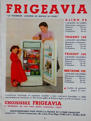 PRESSEWERBUNG 1955 KÜHLSCHRANK FRIGEAVIA DJINN 90 TRIDENT 120 BRETAGNE