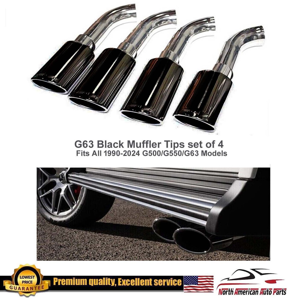 G63 Black Muffler Tips G500 G550 Dual Exhaust G-Wagon Logo 4 Pipes