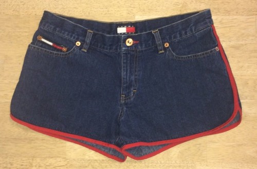 Tommy Jeans Vintage Mujeres 9 Pantalones cortos de mezclilla Shorty Flag  Logo Rojo Bandas Borde | eBay